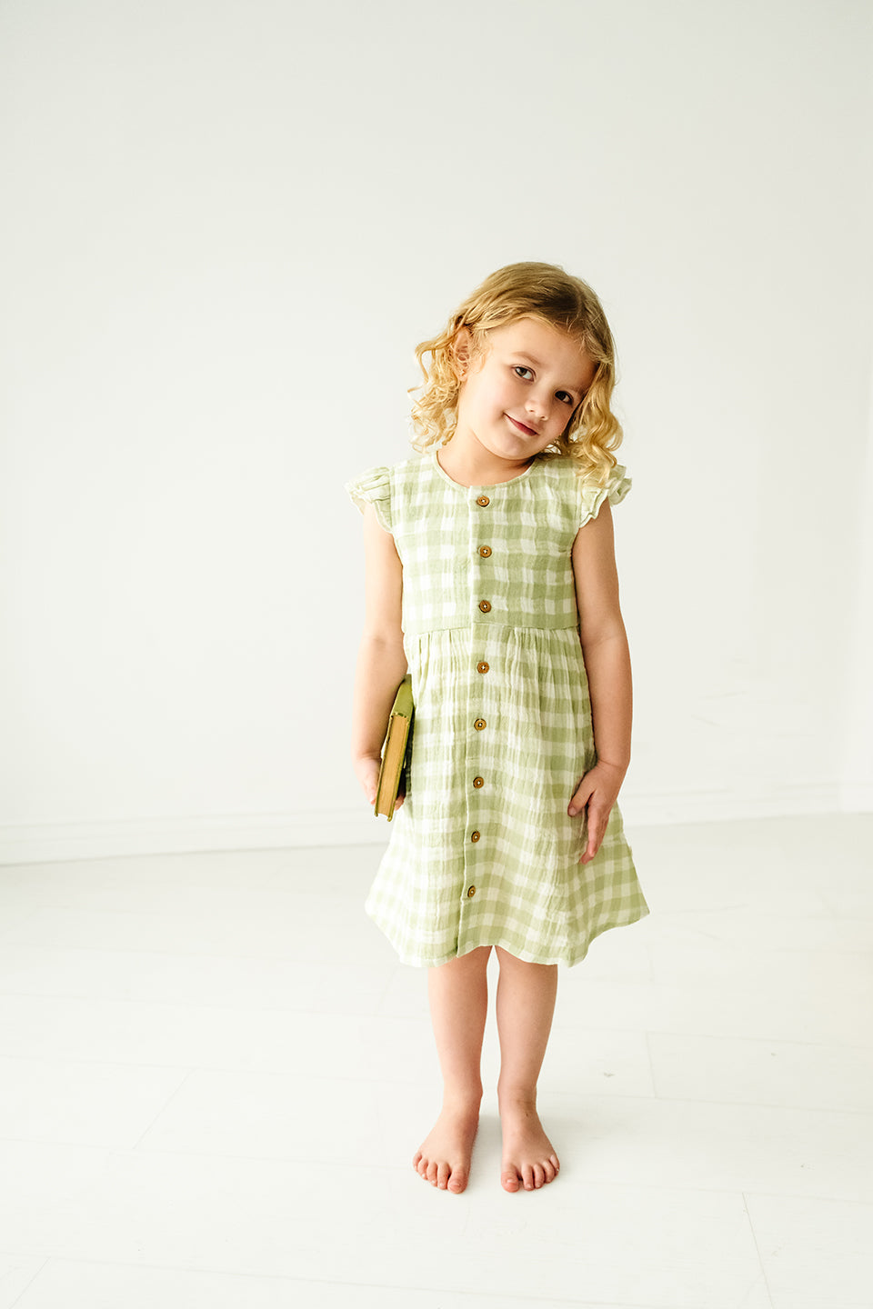 Organic Button Flutter Dress | Gingham Green