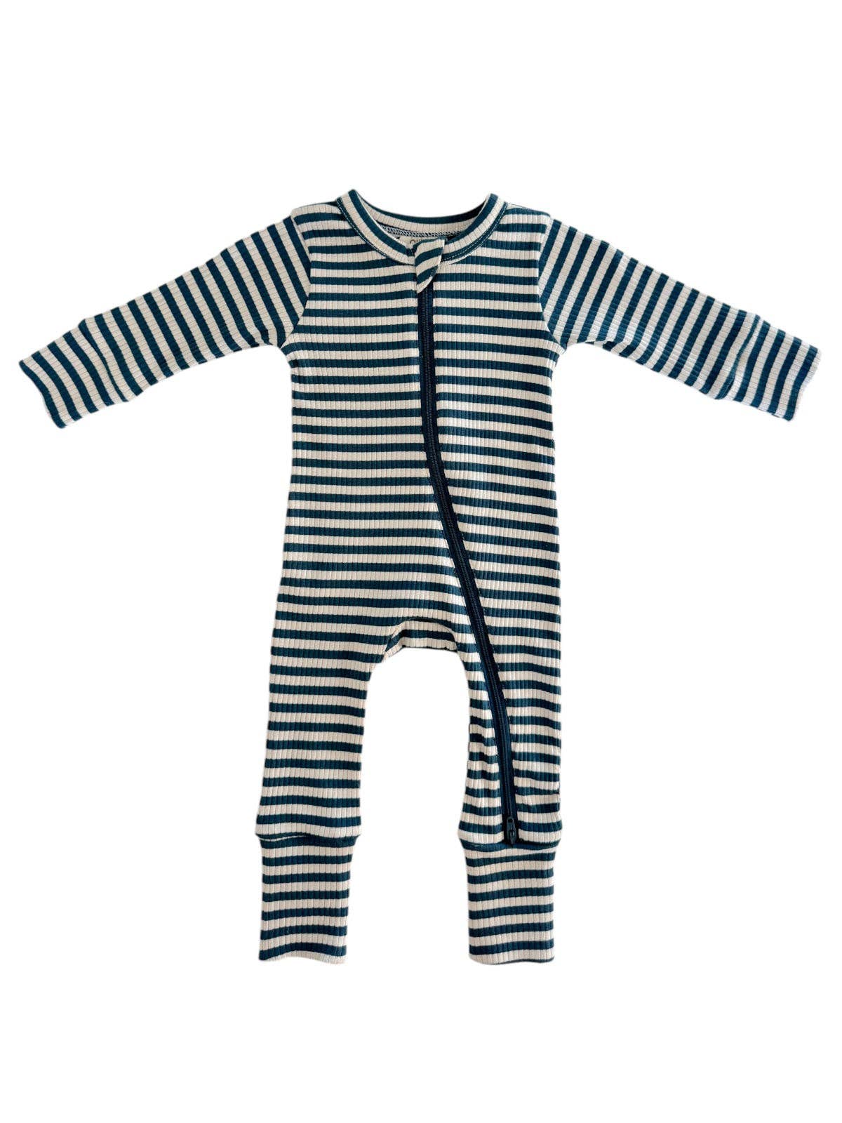 Organic Ribbed 2-Way Zip Romper - Steel Blue Stripe