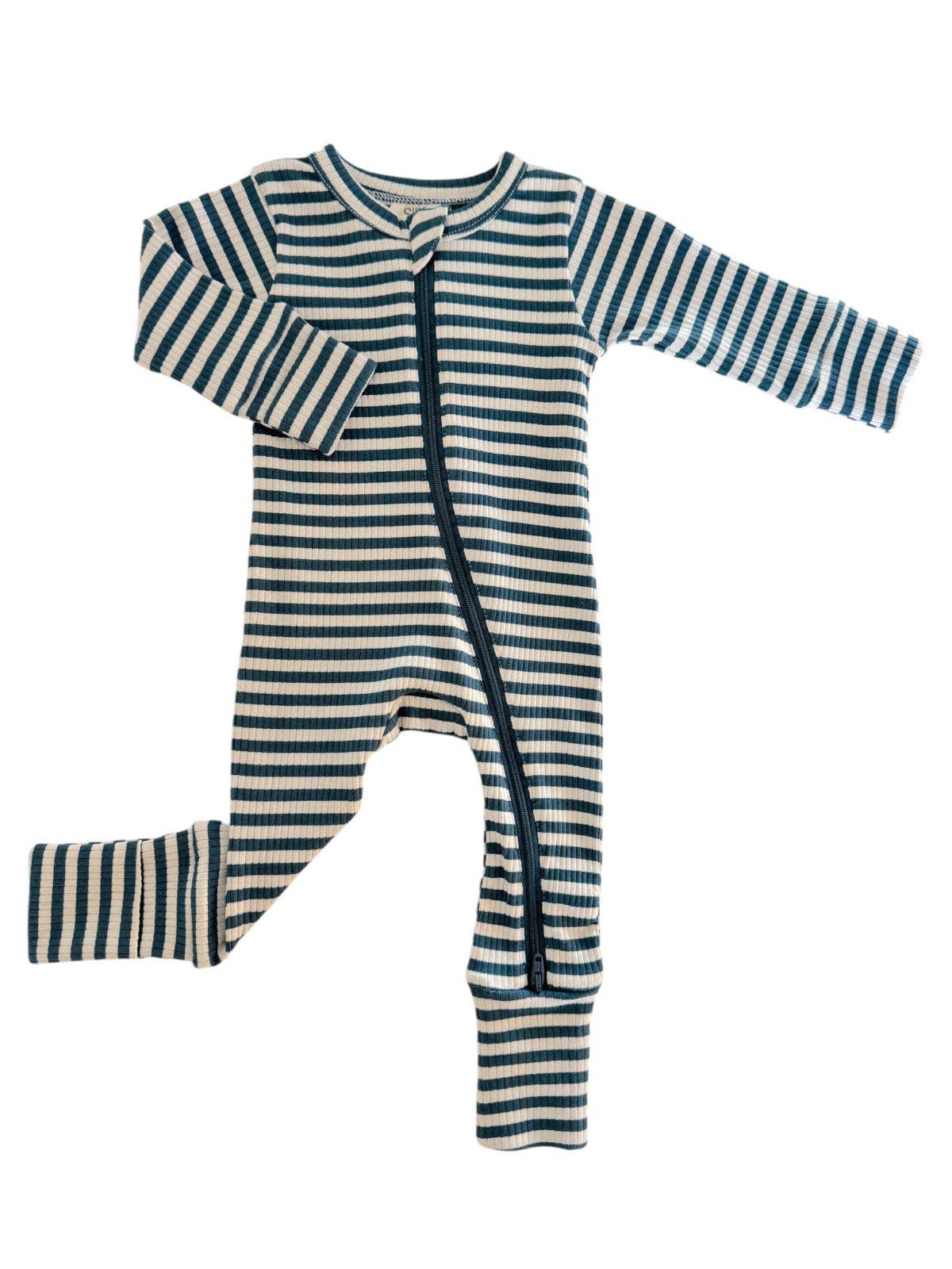 Organic Ribbed 2-Way Zip Romper - Steel Blue Stripe