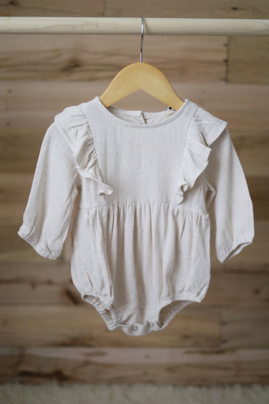 Linen Ruffled Long Sleeve Romper | Oatmeal