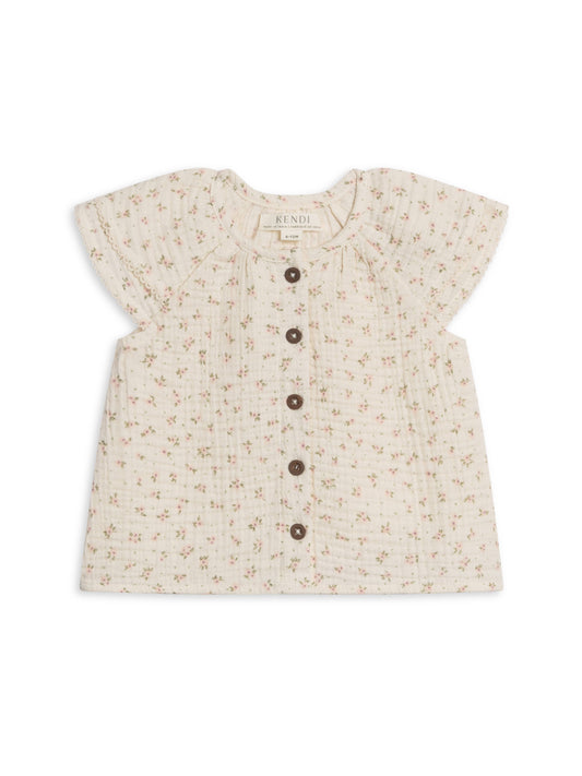 Organic Muslin Ruffle Sleeve Top - Camellia Floral