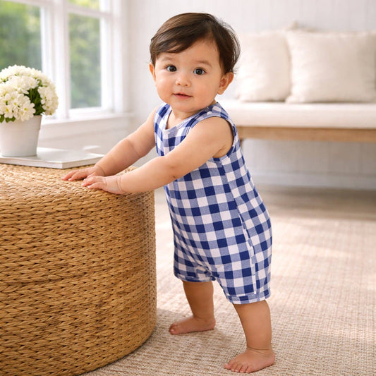 Bamboo Sleeveless Short Romper | Blue Plaid
