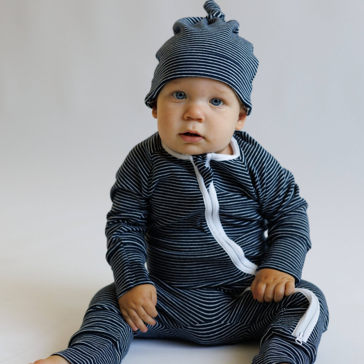 Organic Cotton Striped Peek-A-Poo Pajama in Navy Blue