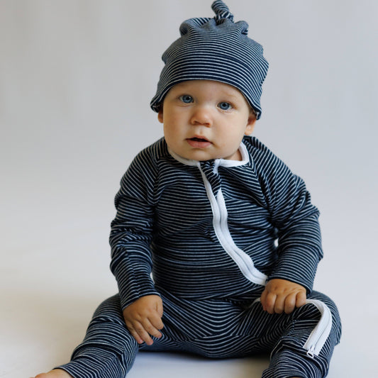 Organic Cotton Striped Peek-A-Poo Pajama in Navy Blue