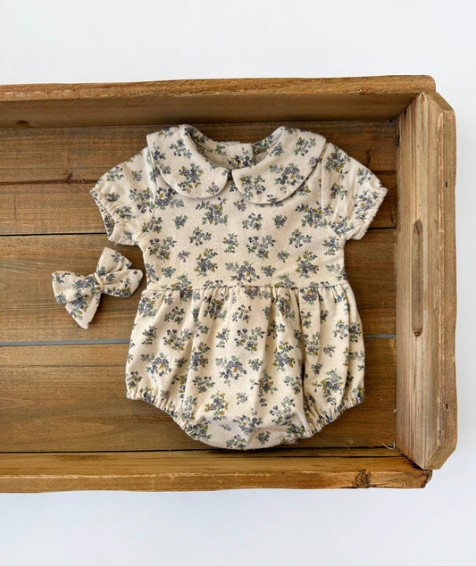 100% Cotton Floral Romper Set w/ Bow | Violetta