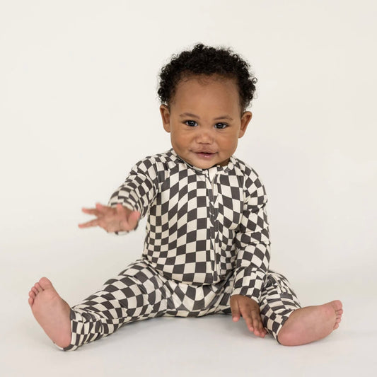 Wavy Checker Bamboo Zip Romper | Black and White