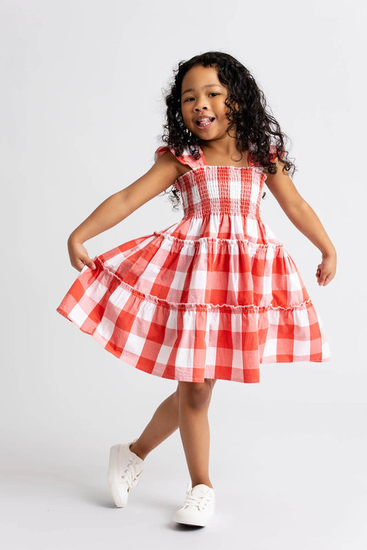 Organic Cotton Flutter Sleeve Dress | Red Gingham