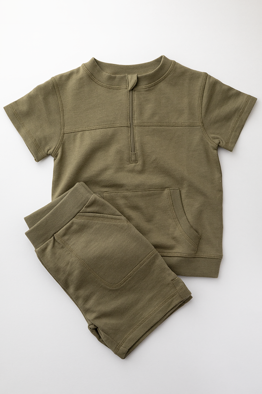1/2 zip Cotton Short Set | Dusky Green