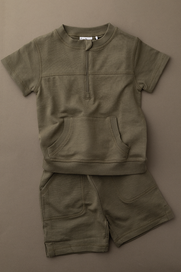 1/2 zip Cotton Short Set | Dusky Green